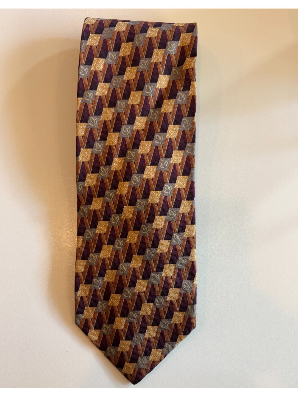 Villa Bolgheri Italia Men's Silk Necktie Burgundy Gold Diamond Geometric Italy